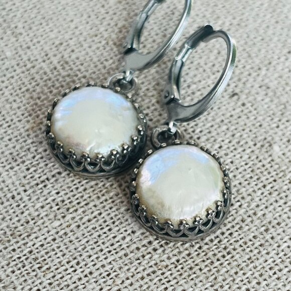 White Pearl Dangle Earrings, Coin Pearl Earrings, Wedding Jewelry - Picture 4 of 11